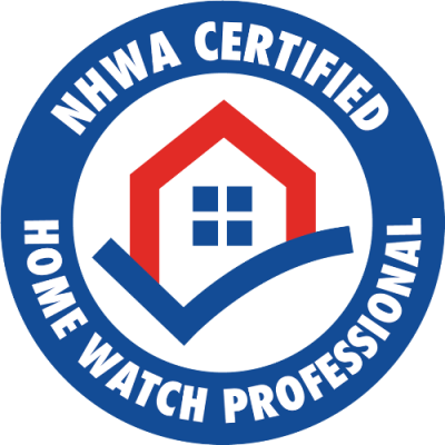 NHWA Certified Home Watch Professional. Red house icon with a blue check mark under it.